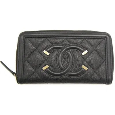 Pre-owned Chanel Grained Calfskin Long Wallet (bi-fold) () In Black