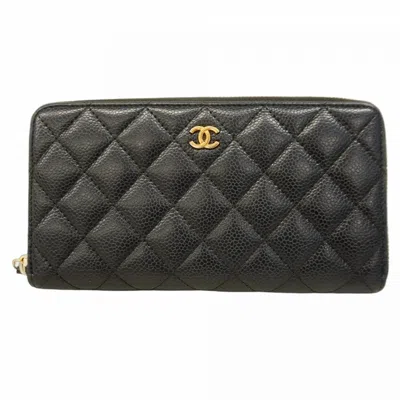 Pre-owned Chanel Grained Calfskin Long Wallet (bi-fold) () In Black
