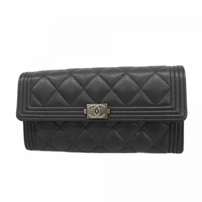 Pre-owned Chanel Grained Calfskin Long Wallet (bi-fold) () In Black