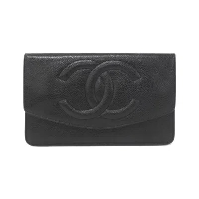 Pre-owned Chanel Grained Calfskin Long Wallet (bi-fold) () In Black