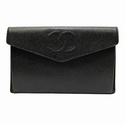 Pre-owned Chanel Grained Calfskin Long Wallet (bi-fold) () In Black