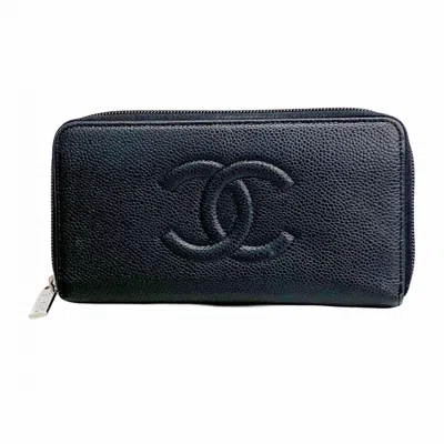 Pre-owned Chanel Grained Calfskin Long Wallet (bi-fold) () In Black