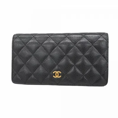 Pre-owned Chanel Grained Calfskin Long Wallet (bi-fold) () In Black