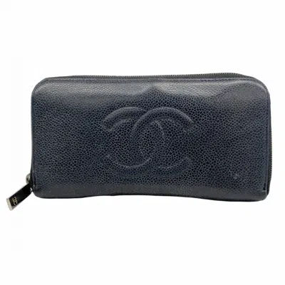 Pre-owned Chanel Grained Calfskin Long Wallet (bi-fold) () In Black
