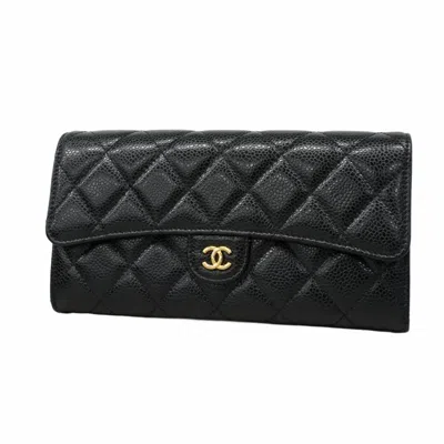 Pre-owned Chanel Grained Calfskin Long Wallet (bi-fold) () In Black