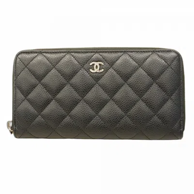 Pre-owned Chanel Grained Calfskin Long Wallet (bi-fold) () In Black
