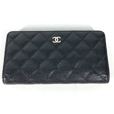 Pre-owned Chanel Grained Calfskin Long Wallet (bi-fold) () In Black