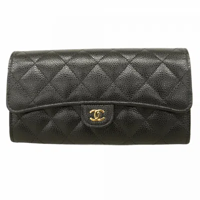 Pre-owned Chanel Grained Calfskin Long Wallet (bi-fold) () In Black