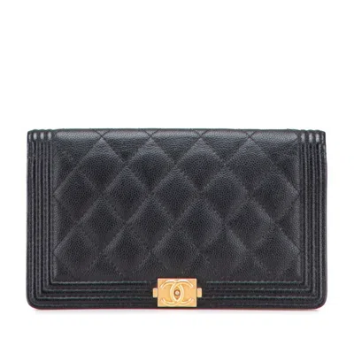 Pre-owned Chanel Grained Calfskin Long Wallet (bi-fold) () In Black