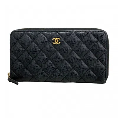 Pre-owned Chanel Grained Calfskin Long Wallet (bi-fold) () In Black