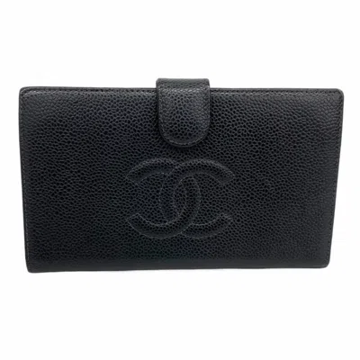 Pre-owned Chanel Grained Calfskin Long Wallet (bi-fold) () In Black