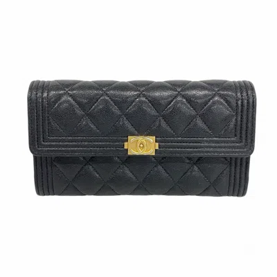 Pre-owned Chanel Grained Calfskin Long Wallet (bi-fold) () In Black