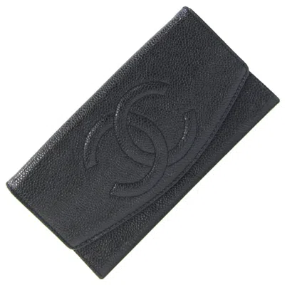 Pre-owned Chanel Grained Calfskin Long Wallet (bi-fold) () In Black