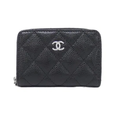 Pre-owned Chanel Grained Calfskin Long Wallet (bi-fold) () In Black