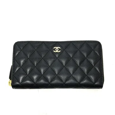 Pre-owned Chanel Grained Calfskin Long Wallet (bi-fold) () In Black