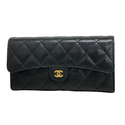 Pre-owned Chanel Grained Calfskin Long Wallet (bi-fold) () In Black