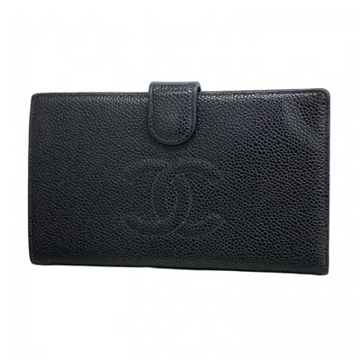 Pre-owned Chanel Grained Calfskin Long Wallet (bi-fold) () In Black