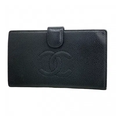 Pre-owned Chanel Grained Calfskin Long Wallet (bi-fold) () In Black