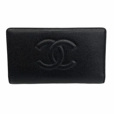Pre-owned Chanel Grained Calfskin Long Wallet (bi-fold) () In Black