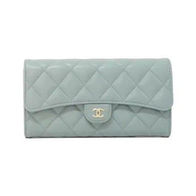 Pre-owned Chanel Grained Calfskin Long Wallet (bi-fold) () In Blue
