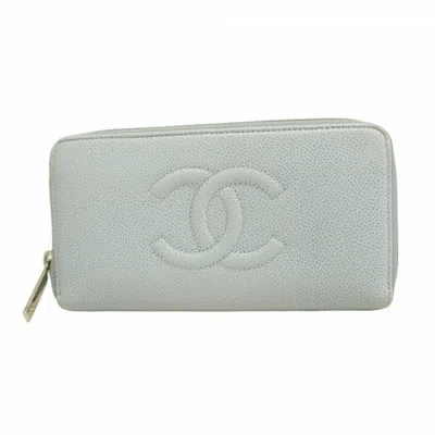 Pre-owned Chanel Grained Calfskin Long Wallet (bi-fold) () In Blue
