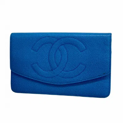 Pre-owned Chanel Grained Calfskin Long Wallet (bi-fold) () In Blue