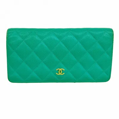 Pre-owned Chanel Grained Calfskin Long Wallet (bi-fold) () In Blue