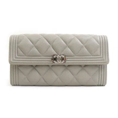 Pre-owned Chanel Grained Calfskin Long Wallet (bi-fold) () In Gray
