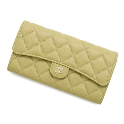 Pre-owned Chanel Grained Calfskin Long Wallet (bi-fold) () In Green
