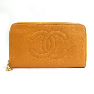 Pre-owned Chanel Grained Calfskin Long Wallet (bi-fold) () In Orange