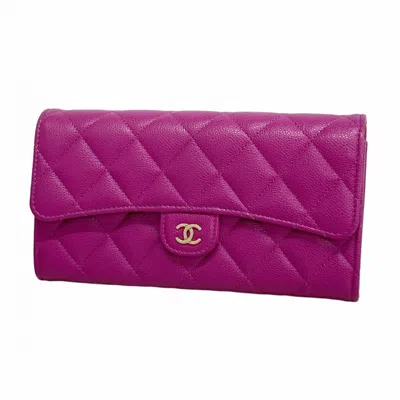 Pre-owned Chanel Grained Calfskin Long Wallet (bi-fold) () In Purple