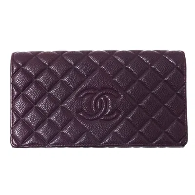 Pre-owned Chanel Grained Calfskin Long Wallet (bi-fold) () In Purple
