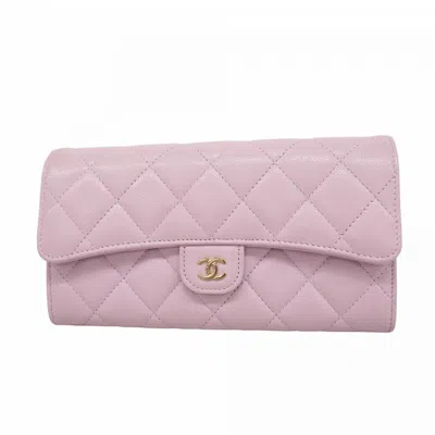 Pre-owned Chanel Grained Calfskin Long Wallet (bi-fold) () In Purple