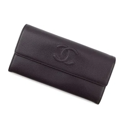 Pre-owned Chanel Grained Calfskin Long Wallet (bi-fold) () In Purple
