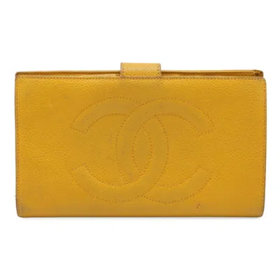 Pre-owned Chanel Grained Calfskin Long Wallet (bi-fold) () In Yellow
