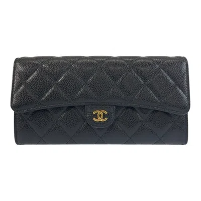 Pre-owned Chanel Grained Calfskin Long Wallet (tri-fold) () In Black