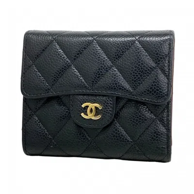 Pre-owned Chanel Grained Calfskin Long Wallet (tri-fold) () In Black
