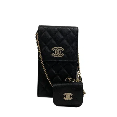 Pre-owned Chanel Grained Calfskin Rhinestone Shoulder Bag () In Black
