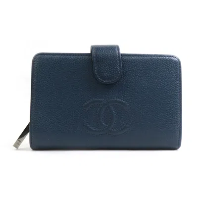 Pre-owned Chanel Grained Calfskin Wallet (bi-fold) () In Blue