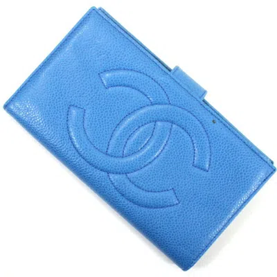 Pre-owned Chanel Grained Calfskin Wallet (bi-fold) () In Blue