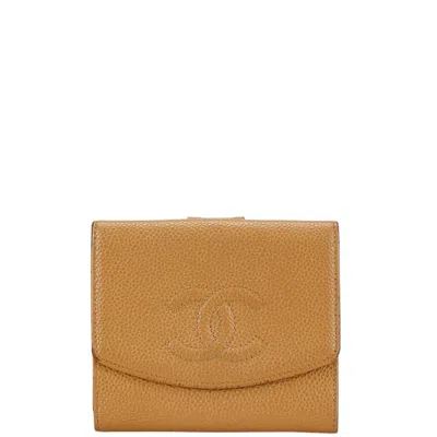 Pre-owned Chanel Grained Calfskin Wallet (bi-fold) () In Sand