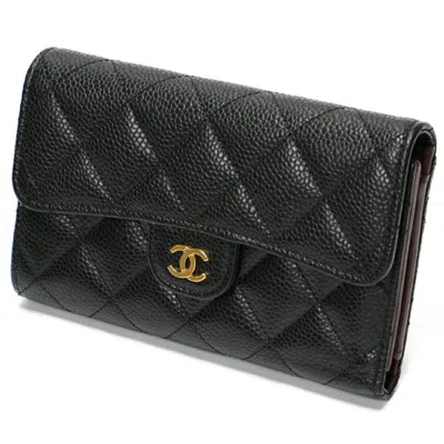 Pre-owned Chanel Grained Calfskin Wallet (tri-fold) () In Black