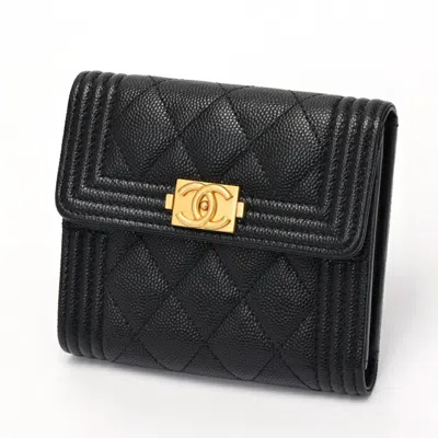 Pre-owned Chanel Grained Calfskin Wallet (tri-fold) () In Black