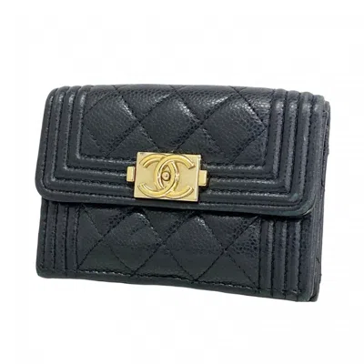 Pre-owned Chanel Grained Calfskin Wallet (tri-fold) () In Black