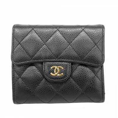 Pre-owned Chanel Grained Calfskin Wallet (tri-fold) () In Black