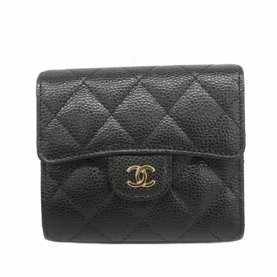 Pre-owned Chanel Grained Calfskin Wallet (tri-fold) () In Black