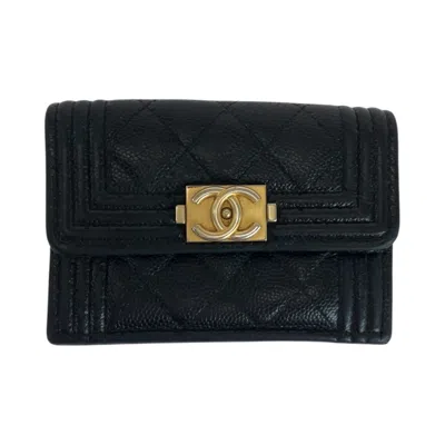 Pre-owned Chanel Grained Calfskin Wallet (tri-fold) () In Black