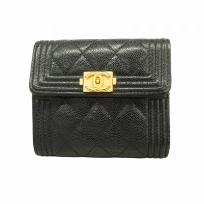 Pre-owned Chanel Grained Calfskin Wallet (tri-fold) () In Black