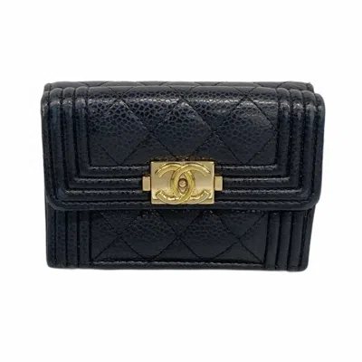 Pre-owned Chanel Grained Calfskin Wallet (tri-fold) () In Black