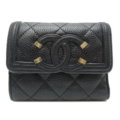 Pre-owned Chanel Grained Calfskin Wallet (tri-fold) () In Black
